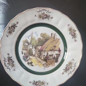 Charming Cottage Scene Dinner Plate with Green Border